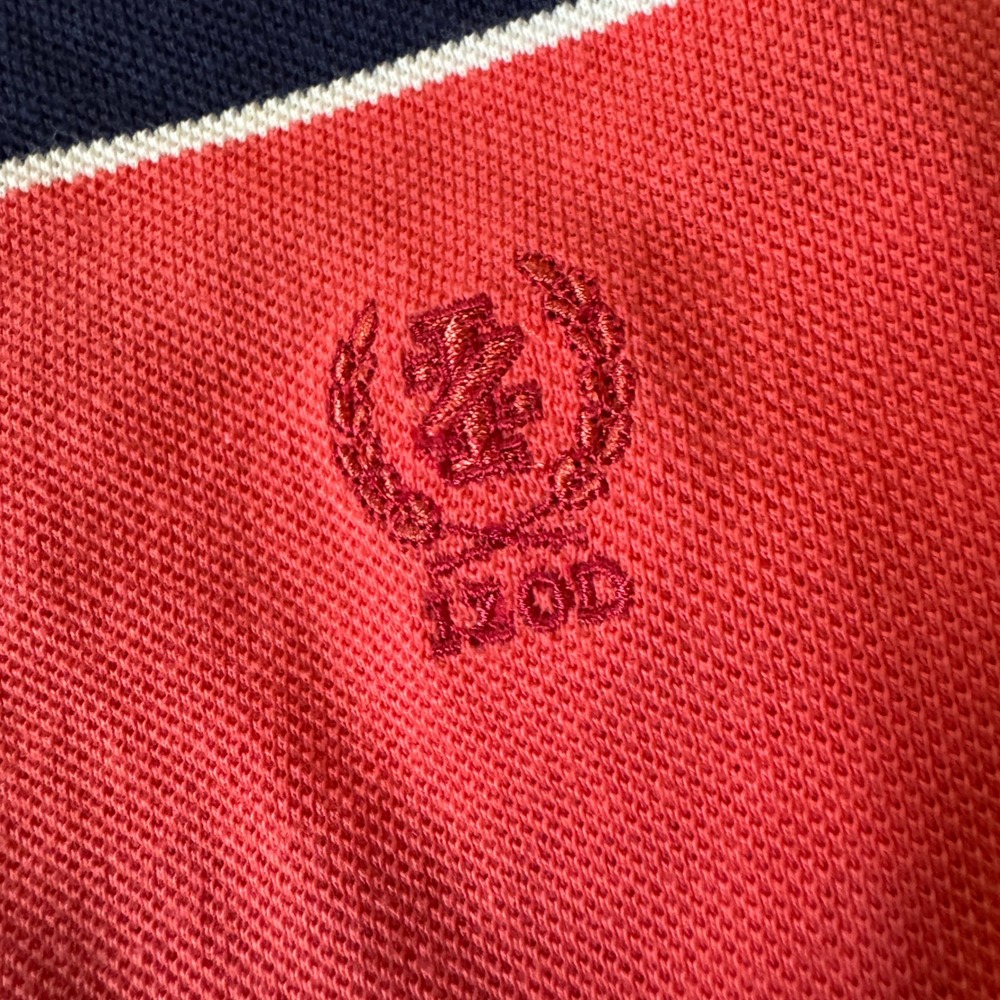 Vintage IZOD Mens Polo Shirt L Red Navy Striped Cotton Preppy Classic Americana - Picture 4 of 8